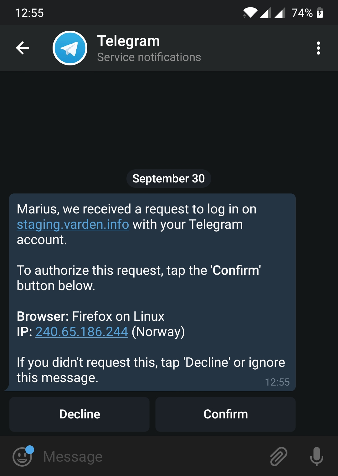 Telegram auth